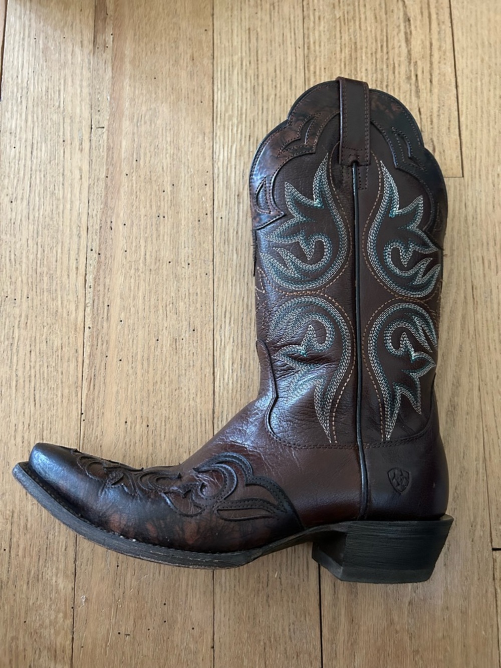 Ariat Brown Leather Overlay Snip Toe Western Boot with Light Blue Stitching
